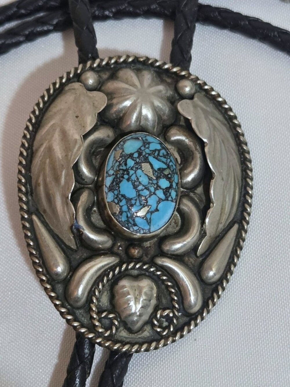 Vintage Bolo String Tie, Turquoise Blue Cabochon, Alpaca Silver, Mexico